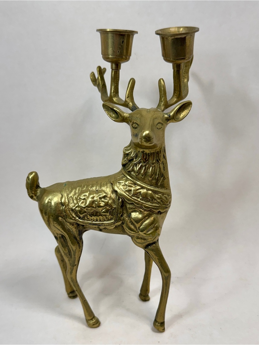 MCM Brass Deer 9" Double Taper Candle Holder Patina Christmas Vtg